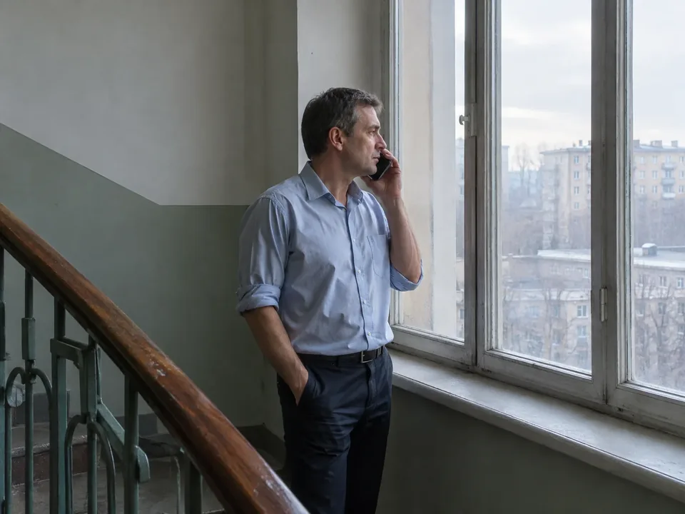 Мужчина говорит по телефону у окна на лестничной площадке